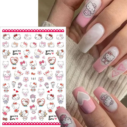 Vista 4 de 8 hojas de calcomanías de uñas de gato para arte de uñas, lindas calcomanías de uñas para uñas acrílicas, autoadhesivas 3D, diseño de uñas kawaii