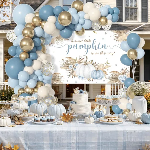 Vista 5 de MEHOFOND - Decoración de baby shower con diseño de calabaza pequeña, kit de globos de baby shower con una pequeña calabaza en camino, decoración