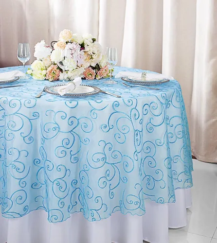 Vista 9 de Manteles de organza bordados redondos de 90 pulgadas, manteles de organza para bodas, fiestas, banquetes, eventos, color verde manzana