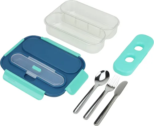 Vista 2 de BUILT Caja Bento de 2 compartimentos con bolsa de hielo y utensilios de acero inoxidable, contenedor de comida de viaje reutilizable con tapa