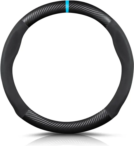 Vista 8 de Ergocar Funda para Volante de Forma Redonda de Fibra de Carbono y Cuero PU de Microfibra Antideslizante Protector de Volante de Automóvil Negro