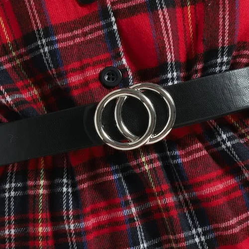 Vista 4 de Conjunto de cinturón de vestir de manga larga con volantes y estampado a cuadros para niñas pequeñas rojo 4-5 años