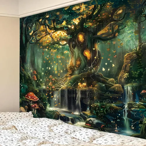 Vista 2 de Apdidl Tapiz de bosque para dormitorio, tapices de pared de hadas verdes Tapiz A-Forest