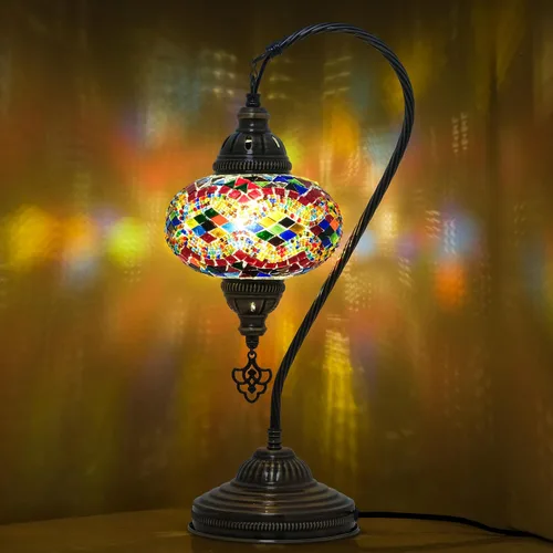 Vista 10 de Lámpara de mesa turca marroquí de vidrio transparente con cuello de cisne, pantalla de lámpara estilo bohemio vintage auténtica, lámpara de cuello