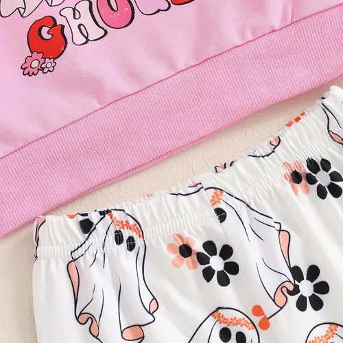 Vista 47 de Traje de Halloween para bebé niña, manga larga, cuello redondo, letras de fantasma, parte superior con estampado de fantasma, parte inferior