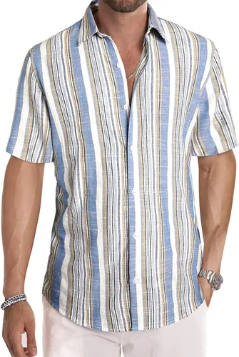 Vista 22 de JMIERR Camisa de vestir a rayas de algodón con botones y manga corta para hombre 1 raya azul cielo
