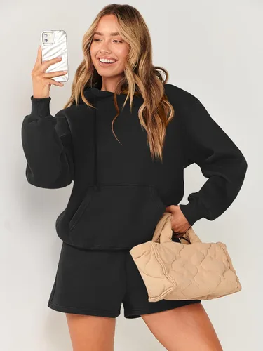 Vista 9 de ANRABESS Conjunto de 2 piezas para mujer, sudadera corta con cordón y capucha de gran tamaño, conjunto a juego