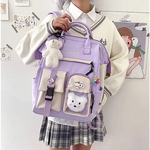 Vista 2 de Mochila Kawaii de gran capacidad con pin Kawaii y accesorios, bonita mochila estética para adolescentes y niñas, mochilas para la escuela, Púrpura