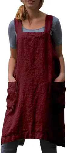 Vista 10 de Delantal Pinafore con espalda cruzada con bolsillos, delantal de lino y algodón, talla grande