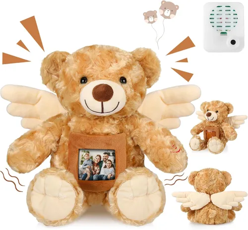 Vista 9 de Leyndo Oso de recuerdo de ángel de 12 pulgadas con grabador, juguete de peluche suave con un marco de fotos para baby shower, fiesta de cumpleaños