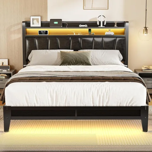 Vista 8 de Base de cama de tamaño matrimonial con estantes de almacenamiento de 2 niveles, marco de cama LED con cabecera de piel sintética, cama de plataforma