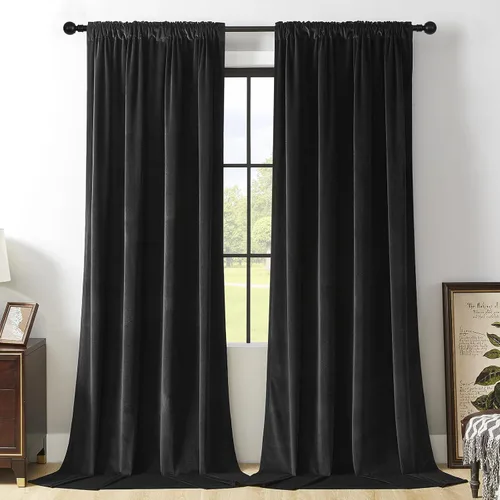Vista 12 de Joydeco Cortinas de terciopelo negro de 63 pulgadas de largo, 2 paneles, cortinas opacas de lujo con bolsillo para barra, cortinas de ventana