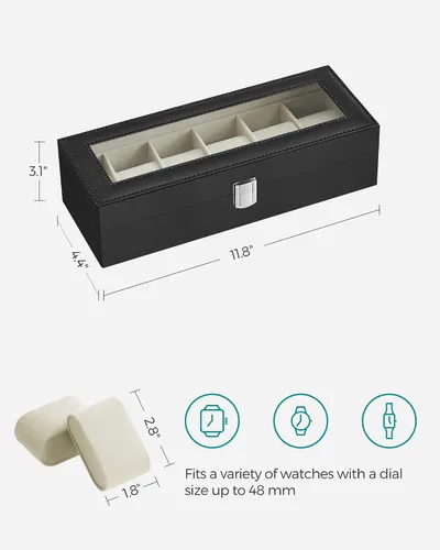 Vista 6 de SONGMICS Caja de reloj caja de reloj de 6 ranuras con tapa de cristal grande almohadas de reloj extraíbles organizador de caja de reloj regalo