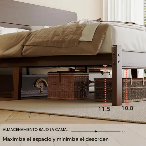 Vista 6 de Marco de cama individual de madera de bambú maciza de 14 pulgadas de alto con cabecero, soporte de listones de metal resistente, fácil montaje,