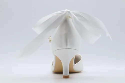 Vista 6 de Pointed Toe Pearl Satin Wedding Shoes for Bride Low Heel Bridal Shoes for Women Satin Heels Prom Party Shoes 1608-28