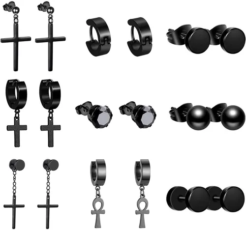 Vista 7 de OIDEA 12/14/15/18 pares de aretes para hombre: aretes de acero inoxidable para hombre, juego de aretes de aro colgantes con cruz, regalo de joyería
