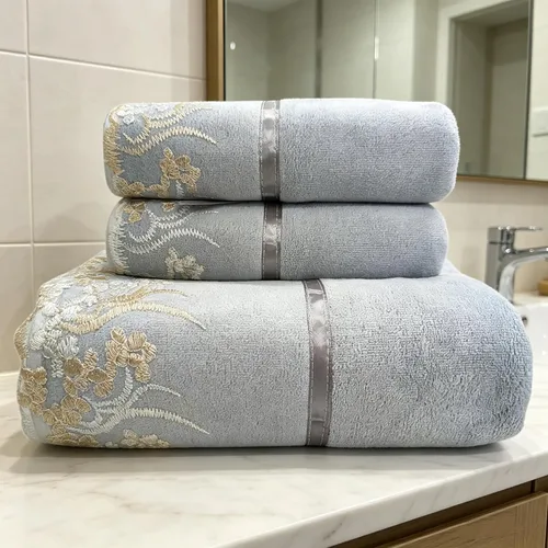 Vista 11 de Juego de Toallas de Baño USTIDE de Encaje Azul, Juego de Toallas de Mano de Terciopelo y Suave para Baño y Ducha