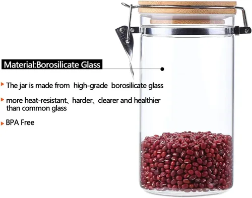 Vista 6 de Tarros de vidrio de borosilicato transparente con abrazadera de bloqueo hermético, tapas de bambú para cocina, sin BPA