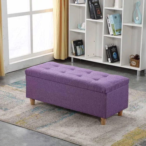 Vista 2 de Caja de almacenamiento plegable otomana rectangular con barra de metal, tela de lino de algodón transpirable, cojín grueso para dormitorio, taburete