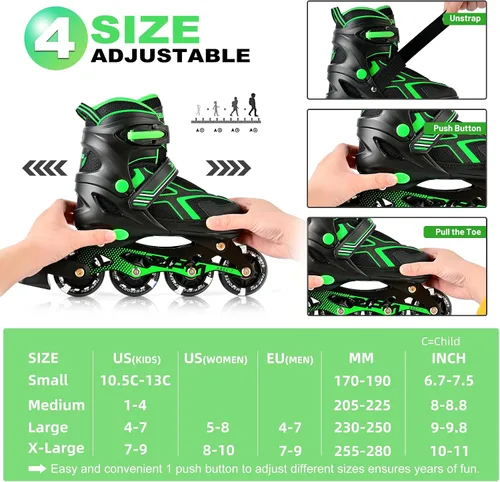 Vista 3 de 2PM SPORTS - Patines en línea ajustables Torinx verde para niños, patines divertidos para principiantes para niños, jóvenes, niñas, hombres y mujeres