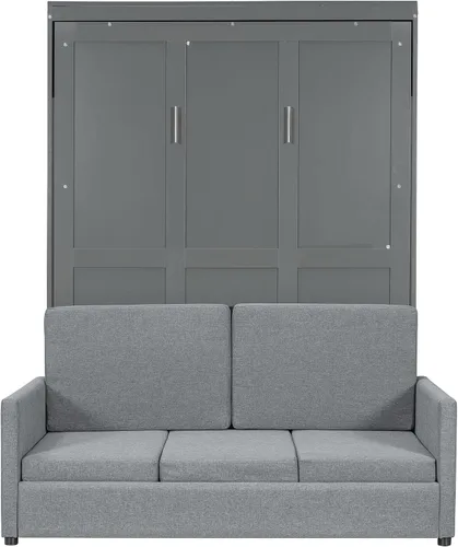 Vista 5 de Cama Murphy de tamaño completo, cama Murphy de madera con cojín, cama de pared con sofá para oficina en casa o habitación pequeña, gris