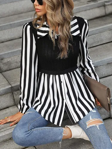 Vista 4 de WDIRARA Blusa de manga larga con botones y estampado a rayas para mujer 2 en 1