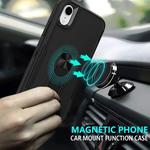 Vista 4 de Funda para iPhone XR, Apple XR con protector de pantalla de vidrio templado, soporte magnético resistente de doble capa a prueba de golpes para Negro