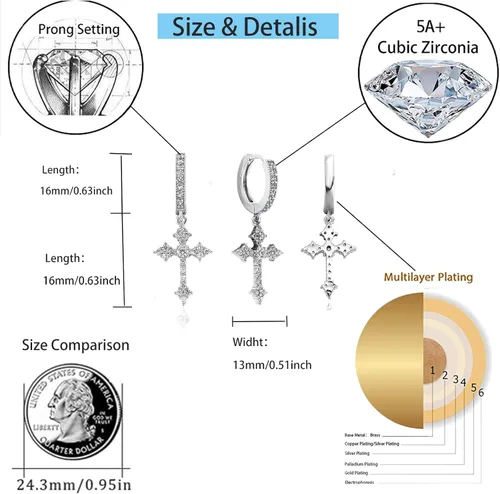 Vista 2 de JINAO Aretes colgantes chapados en oro de 14 quilates con circonita cúbica 5A+, hipoalergénicos, de plata de ley, para hombres y mujeres