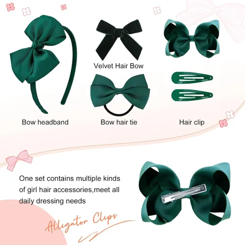 Vista 2 de DEEKA Juego de accesorios para el cabello de uniforme verde oscuro, 15 piezas, lazos para el cabello, pinzas para el cabello, diadema, lazos