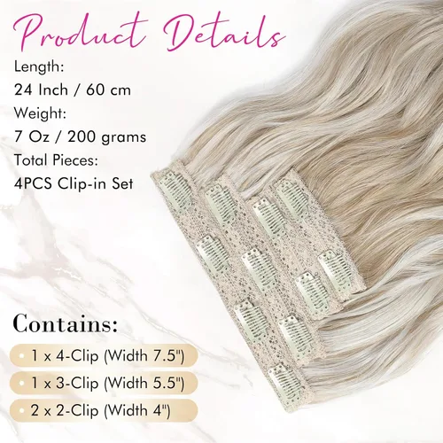 Vista 4 de REECHO Extensiones de cabello con pinza, 4 piezas de extensiones de cabello rubio de 24" de largo, ondas de playa gruesas, HE003, trama de encaje