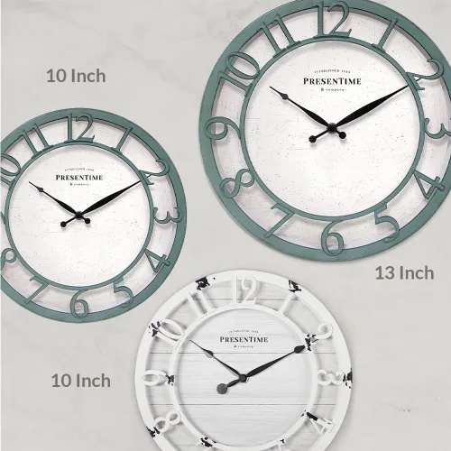 Vista 6 de Presentime & Co - Reloj de pared serie Farmhouse de 10 pulgadas, estilo Shiplap, silencioso, sin ticks, número arábigo 3D elevado, acabado verde
