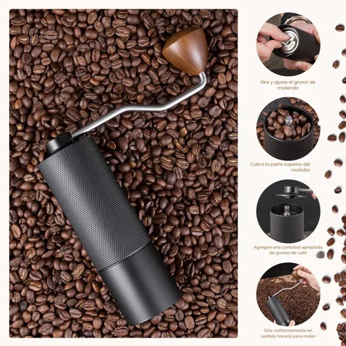 Vista 8 de Molinillo de café manual con capacidad de 0.88 oz, rebabas de acero inoxidable, mango de madera, molinillo de café para rebabas para el hogar Negro