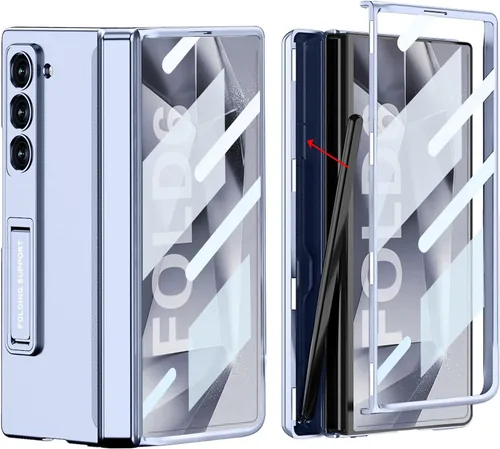Vista 11 de DOOTOO - Funda para Samsung Galaxy Z Fold 6 con soporte de anillo, Z Fold6 S Pen con soporte y cubierta deslizante para cámara y protector de A-azul