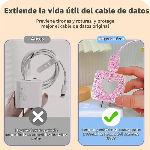 Vista 4 de Protector de cable compatible con cargador de iPhone de Apple con espejo, bonito diseño de corazón de amor con purpurina, funda USB de línea de Rosa