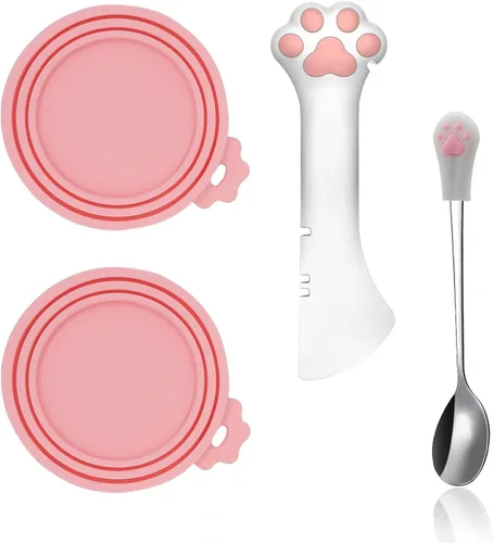 Vista 7 de SJANE Cucharas y tapas de latas de comida para gatos 4 piezas Abridor colorido multifunción con forma de pata Fundas universales de silicona