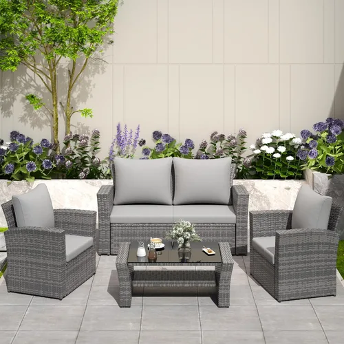Vista 8 de Solaste Juego de muebles de patio al aire libre de 4 piezas, sofá seccional para exteriores con mesa de centro de vidrio templado y cojines, juego