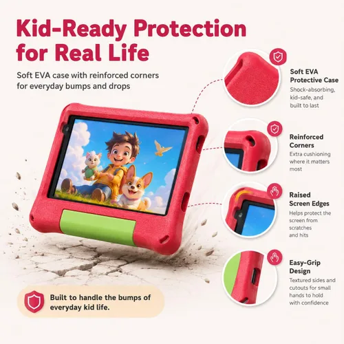 Vista 5 de Tableta para niños de 8 pulgadas, Android 15, Octa-Core 12 GB de RAM + 64 GB de ROM, tableta para niños pequeños con WiFi 6, control parental Rojo