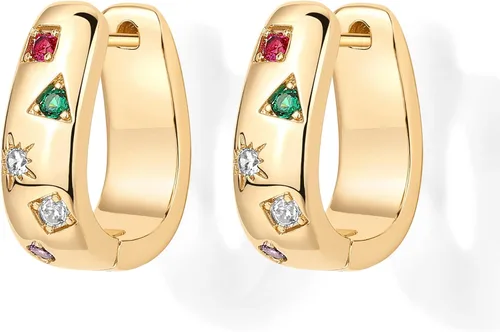 Vista 3 de PAVOI Aretes de plata de ley 925 chapados en oro de 14 quilates para mujer, aretes de aro de circonita cúbica multicolor