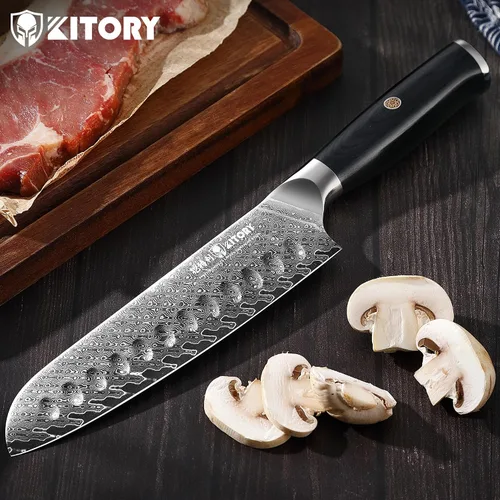 Vista 2 de Cuchillo Santoku de Damasco de 73 capas, 10Cr15CoMoV HC núcleo de corte, estilo japonés Premier Kitchen Chefs Gadget w/t caja de regalo D1santoku