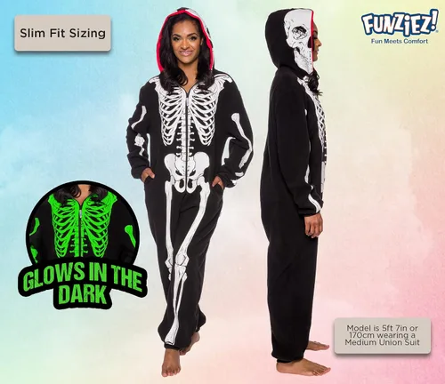 Vista 3 de Funziez! Mameluco de esqueleto que brilla en la oscuridad para adultos, disfraz de Halloween, traje de cosplay de una pieza de felpa para adultos