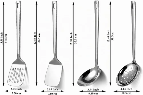 Vista 2 de Juego de utensilios de cocina de acero inoxidable, 4 piezas, espátula ranurada, espátula sólida, espumadera y cucharón, resistente al óxido, mango