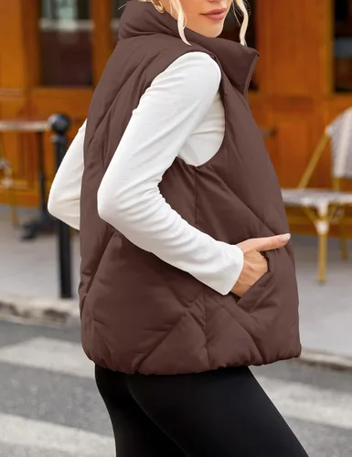 Vista 7 de MEROKEETY Chaleco acolchado sin mangas con cremallera para mujer, con cuello alto, con bolsillos