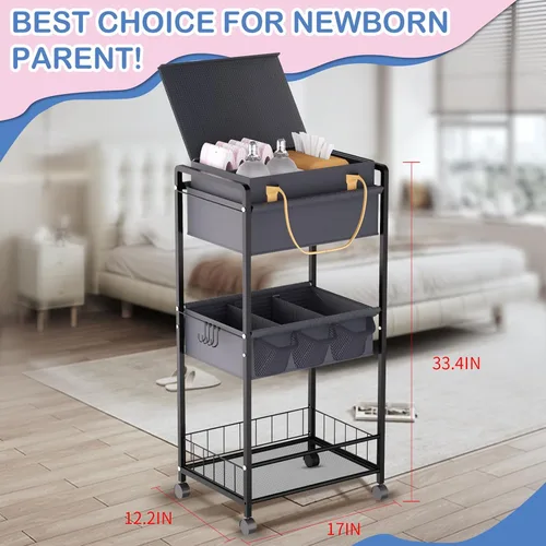 Vista 3 de Organizador de pañales para bebé, carrito de pañales enrollable de 3 niveles, pañales esenciales para recién nacidos, 2 en 1, con divisores