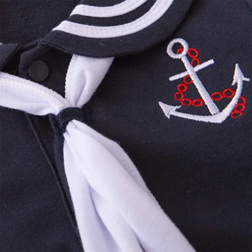 Vista 3 de stylesilove. com Mameluco de algodón marinero marino para bebé niño con sombrero y corbata 3 piezas traje de vacaciones