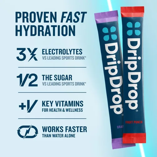Vista 10 de DripDrop ORS Hydration - Paquetes de electrolitos en polvo - uva, ponche de frutas, limonada de fresa, cereza, 32 unidades Grape, Fruit Punch