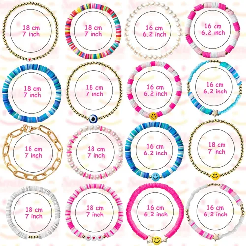 Vista 3 de Vitustua 16pcs Preppy Heishi Bracelets Set Stackable Colorful Cute Happy Face Charm Pearl Stretchy Beaded Bracelet Summer Beach Layering Bracelet