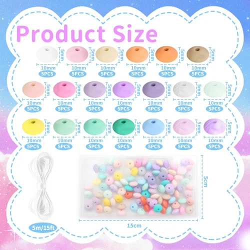 Vista 2 de 100 cuentas de lentejas de silicona de 0.47 pulgadas (0.472 in) de goma de ábaco espaciador suelto con cordón de 16.4 ft para pulseras, collares