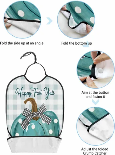 Vista 5 de Turquoise Pumpkin Adult Bib for Eating with Crumb Catcher,Washable & Waterproof Terry Cloth Adjustable Elderly Women Men Adult Bibs Funny Apron