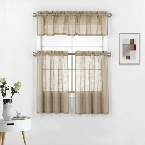 Vista 6 de Juego de 3 piezas de cortinas de ventana de cocina de lino semitransparentes con niveles y cenefa, color taupe. Gris pardo