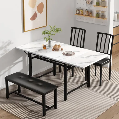 Vista 2 de AWQM Mesa de comedor de 4 piezas de mármol sintético con estante de almacenamiento, juego de mesa de rincón de desayuno que ahorra espacio con 2